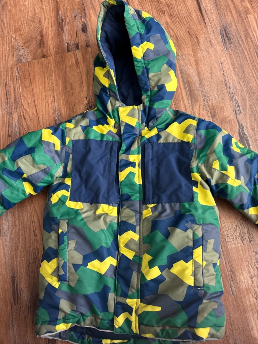 Hannah Andersson Camo Hooded Winter Coat - Yellow, Green, Navy Size 5